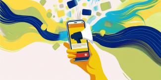 Illustration mit einem Smartphone im Zentrum, aus dem ein Megafon kommt. Davon bewegen sich blaue, gelbe und türkise Wellen bis zum Bildrand. Darüber fliegen kleine Farbflächen durcheinander.