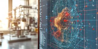 Bildschirm mit verschlungenen leuchtenden Linien und farbigen Punkten, Im Hintergrund ein unscharfes Gebilde, dass an eine industrielle Maschine erinnert 