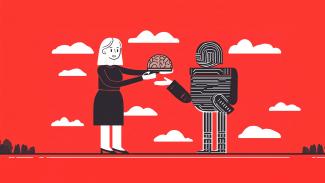 Illustration einer Frau, die ihr Gehirn einem Roboter übergibt