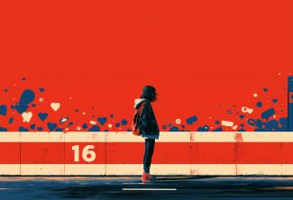 Illustration einer Jugendlichen vor einer roten Wand, auf die die Zahl 16 geschrieben ist